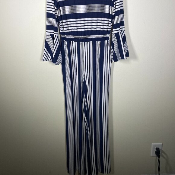eci Women Navy White Stripe Long Bell Sleeve Pant Romper Jumpsuit Stretch Large! - Picture 2 of 7